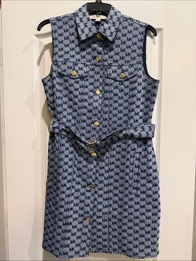 Michael Kors Blue Denim MK Logo Sleeveless Belted Dress